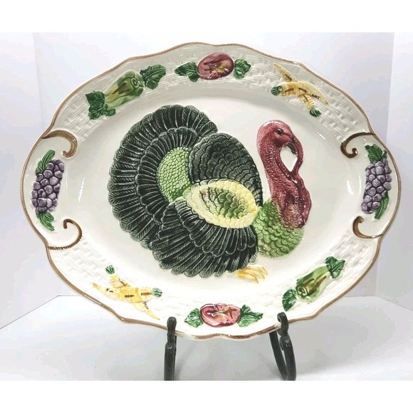 Vintage Turkey Platter California Pottery 18 x 14 Embossed Thanksgiving Holiday - Picture 1 of 13